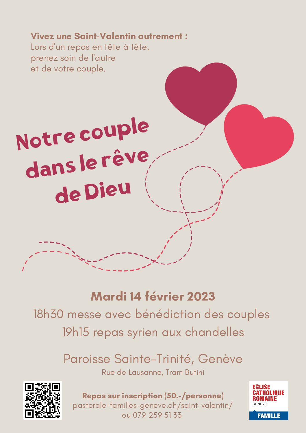Affiche pour le repas de la St-Valentin du 14 février 2023 à la paroisse de la Sainte-Trinité, Genève
